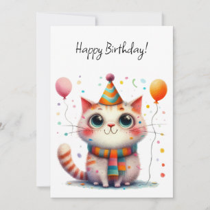 Cartão Gato Laranja e Branco em Chapéu de Festa de Aniver