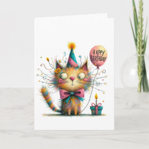 Cartão Gato Laranja Excêntrico com Chapéu de Festa e Bolo