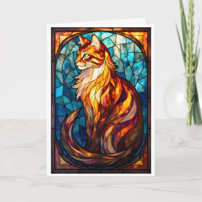 Cartão Gato Laranja Fofo Estilo Vitral (Frente)