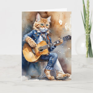 Cartão Gato Laranja Listrado Astro do Rock Tocando Violão