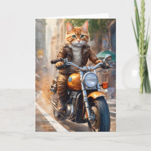 Cartão Gato Laranja Listrado em um Passeio de Motocicleta