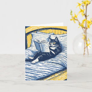Cartão gato lendo na cama