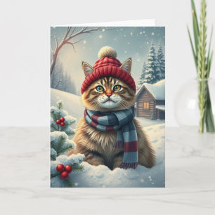 Cartão Gato Listrado com Roupas e Chapéu de Inverno Elega
