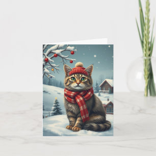 Cartão Gato Listrado com Roupas e Chapéu de Inverno Elega
