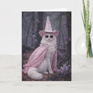 Cartão Gato Mágico Feiticeiro em Capa e Chapéu Rosa Brilh