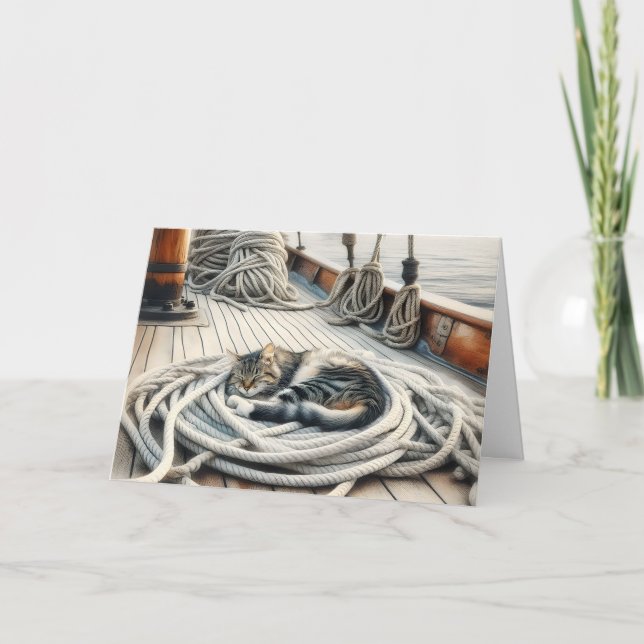 Cartão Gato Malhado Pensando em Você Dormindo em Cordas (Frente)