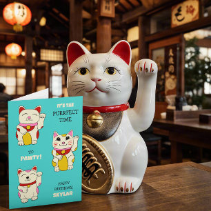 Cartão Gato Maneki Neko Japonês Fofo de Aniversário