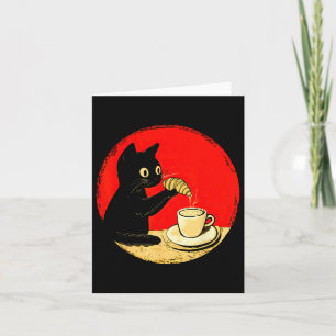 Cartão Gato Mergulhando Croissant No Café Gato Preto Fofo