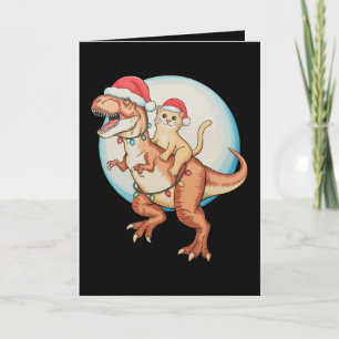 Cartão Gato Montando Dinossauro T Rex Lua Natal