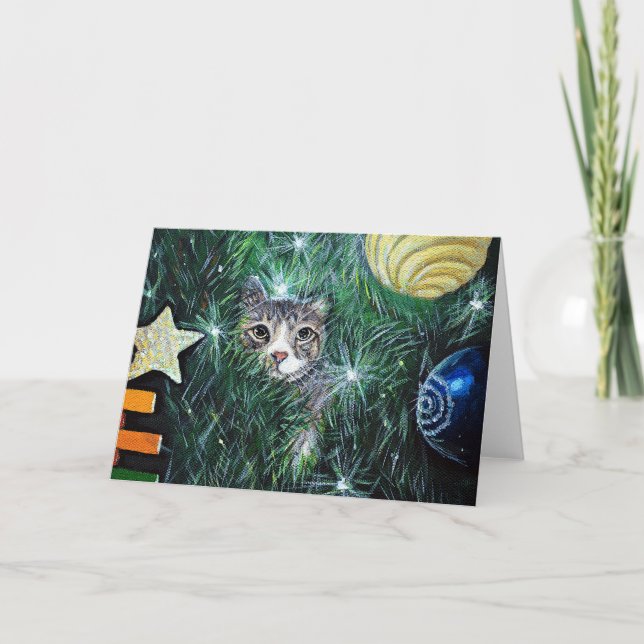 Cartão Gato na pintura da árvore de Natal (Frente)