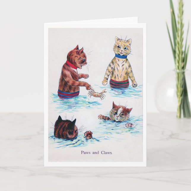 Cartão Gato nadando na praia, Louis Wain. (Frente)