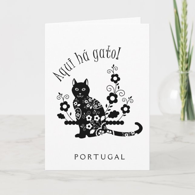 Cartão Gato negro com flores e expressão portuguesa (Frente)