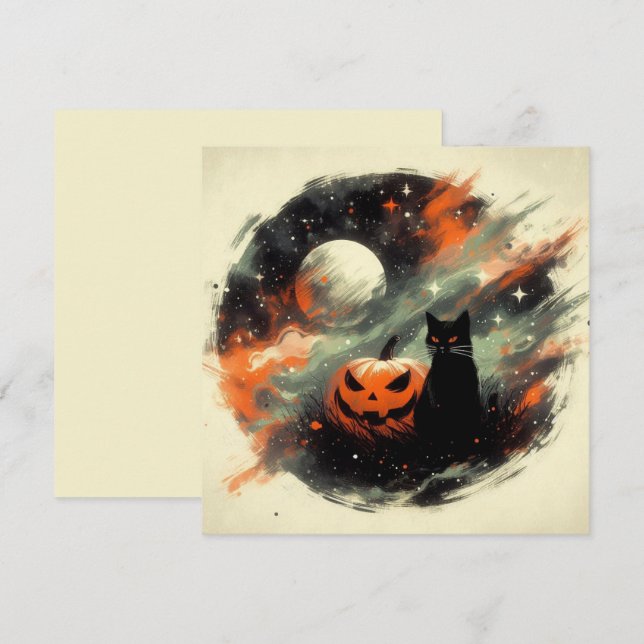 Cartão Gato Negro e Abóbora do Halloween (Frente/Verso)