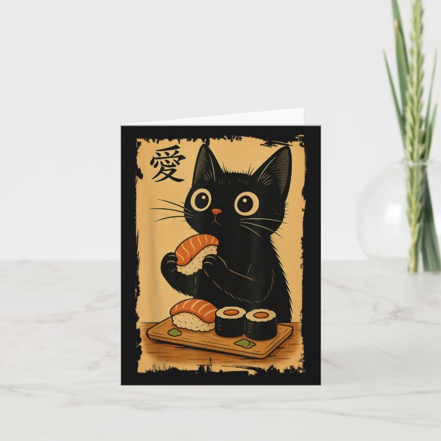 Cartão Gato Negro e Bonito, Gato Negro, Comendo Sushi Eng (Frente)