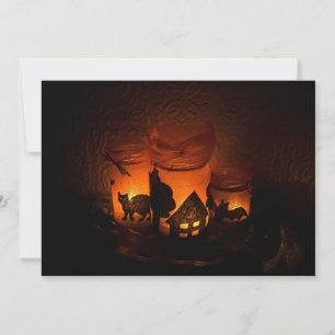 Cartão Gato Negro Halloween com Luminários e Morcegos