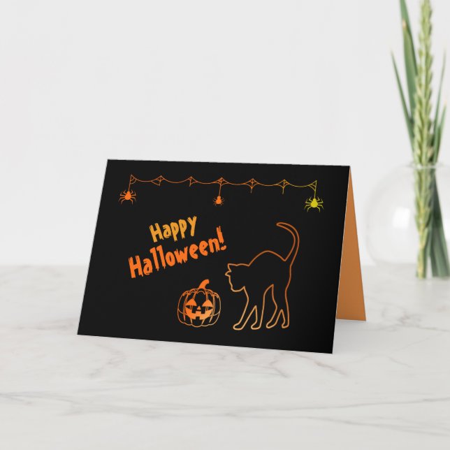 Cartão Gato Negro Silhouette e Jack o'lanterns Halloween (Frente)