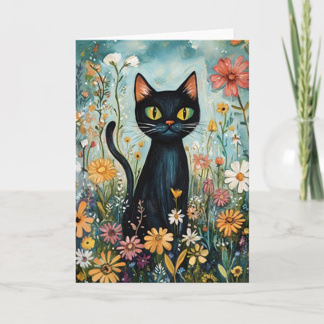 Cartão Gato Negro Whimsical com Ilustração de Flores Selv (Frente)