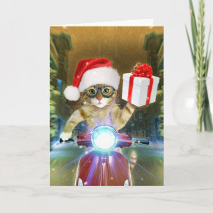 Cartão Gato no chapéu do Papai Noel entrega presente de N