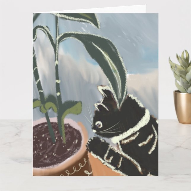 Cartão Gato Observando Plantas da Casa   (Planta pequena)