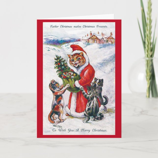 Cartão Gato Papai Noel de Natal, Louis Wain (Frente)