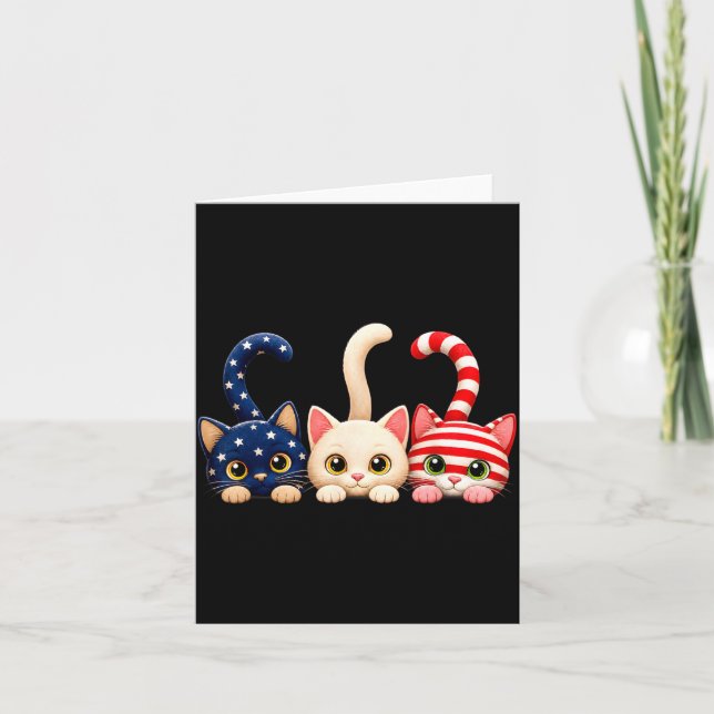 Cartão Gato Patriótico do Dia 4 de Julho com Bandeira Ame (Frente)