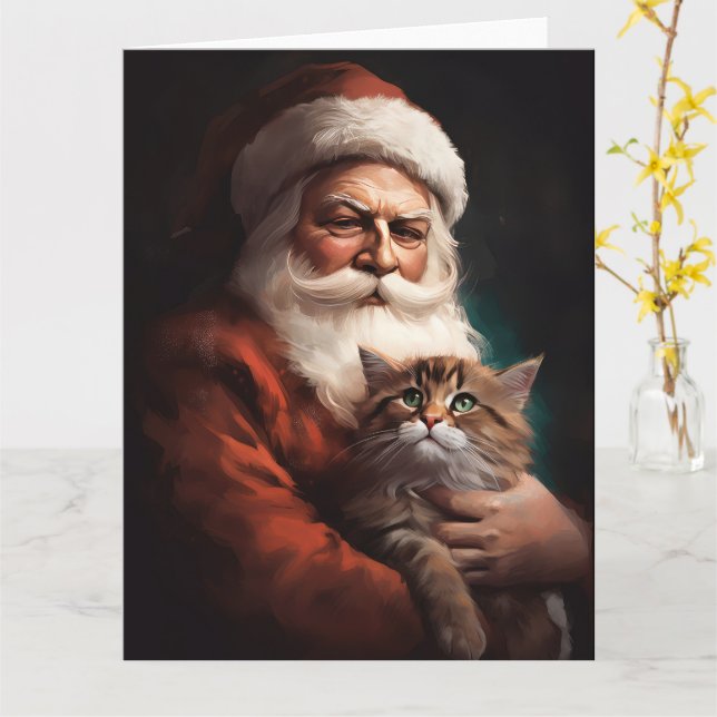 Cartão Gato Persa com Papai Noel Natal Festivo (Flor Amarela)
