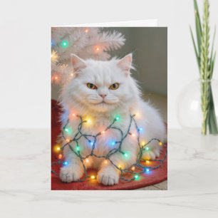 Cartão Gato Persa de Natal Enroscado em Luzes de Festa
