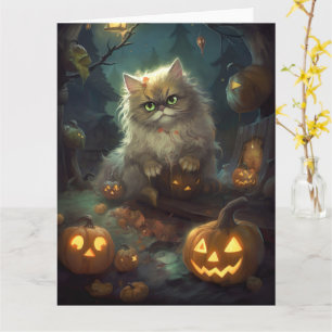 Cartão Gato Persa do Halloween Com Pumpkins Assustado