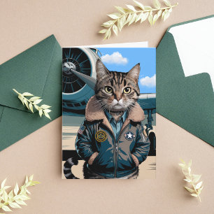 Cartão Gato Piloto Engraçado & Avião, Aniversário de Avia