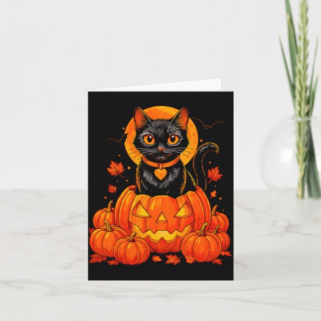 Cartão Gato Preto Abóbora Lua Halloween Outono (Frente)