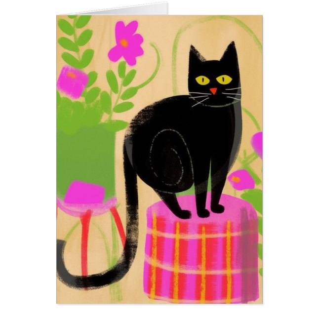 Cartão Gato Preto Adorável Com Plantas Domésticas (Frente)