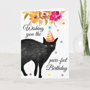 Cartão Gato Preto Aquarela Floral Engraçada Humor Pet