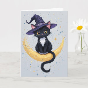 Cartão Gato preto bonito no Dia das Bruxas de Lua Crescen