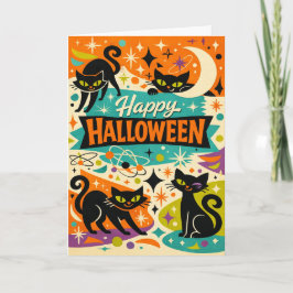 Cartão Gato Preto Caprichoso no Halloween da Era Atômica