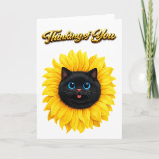 Cartão Gato Preto Cara de Girassol Fofo Pensando em Você