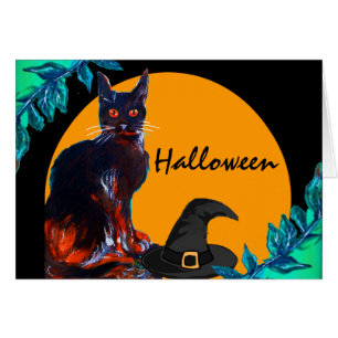 CARTÃO GATO PRETO COM CHAPÉU DE BRUXA, FESTA DE HALLOWEE