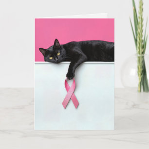 Cartão Gato Preto com Fita Rosa Símbolo do Câncer de Mama