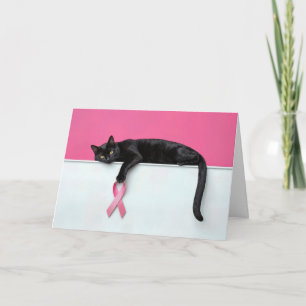 Cartão Gato Preto com Fita Rosa Símbolo do Câncer de Mama