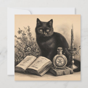 Cartão Gato Preto com Ilustração Vintage de Livros