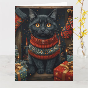 Cartão Gato Preto com Presentes de Natal Lareira