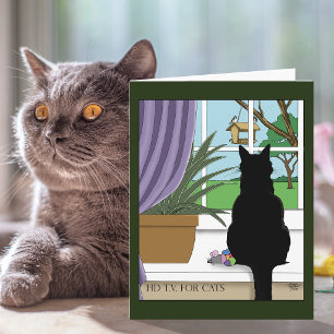 Cartão Gato Preto Curioso Verde Humorístico Janela