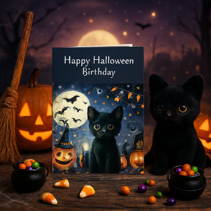 Cartão Gato Preto de Aniversário no Halloween