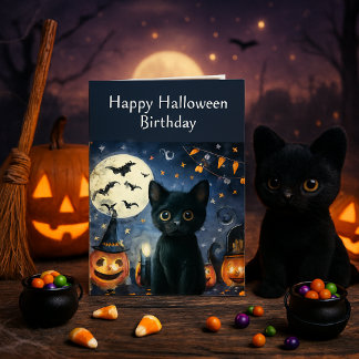 Cartão Gato Preto de Aniversário no Halloween