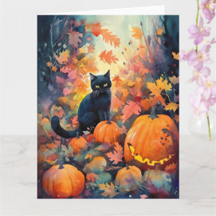 Cartão Gato Preto de Halloween com Abóboras Assustador