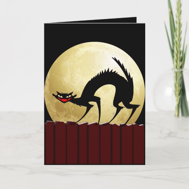 Cartão Gato Preto de Halloween com lua cheia (Frente)