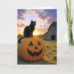 Cartão Gato Preto de Halloween em Fardo de Feno de Abóbor