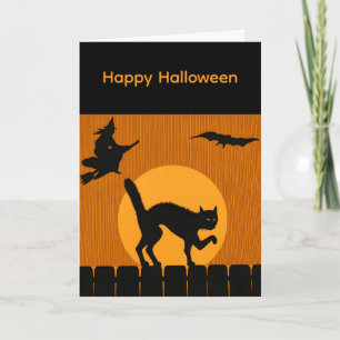 Cartão Gato Preto de Halloween Vintage, Silhueta da Lua d