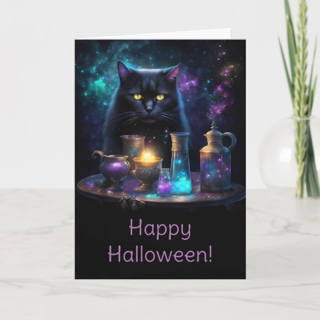 Cartão Gato Preto do Halloween com Poções Místicas Místic (Frente)