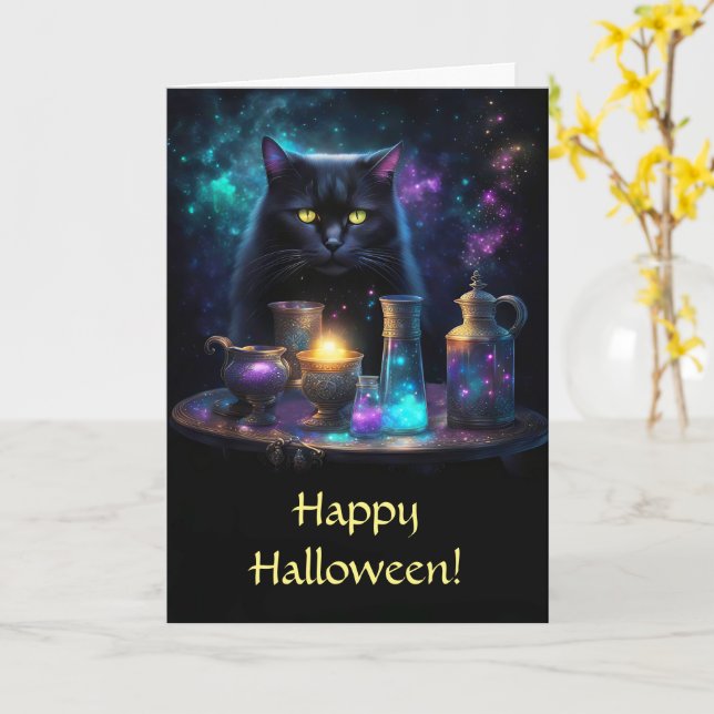 Cartão Gato Preto do Halloween com Poções Místicas Místic (Flor Amarela)