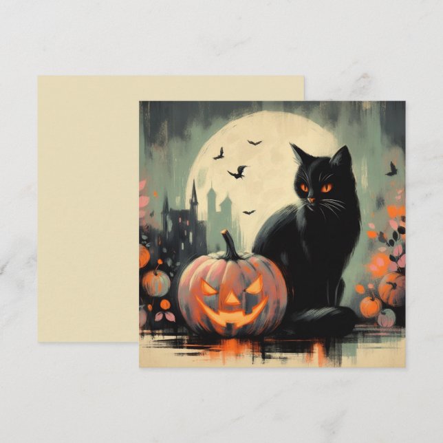 Cartão Gato Preto e Abóbora de Halloween (Frente/Verso)